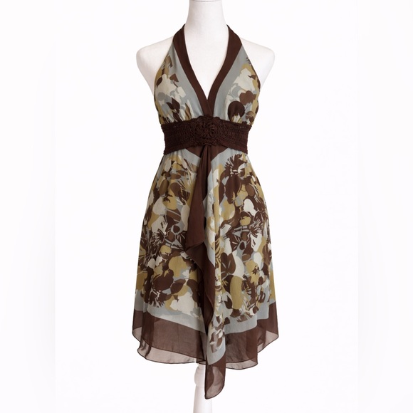 BCBG Max Azria 100% Silk Halter Dress | Brown Floral | Women's Size 4 - Picture 2 of 7